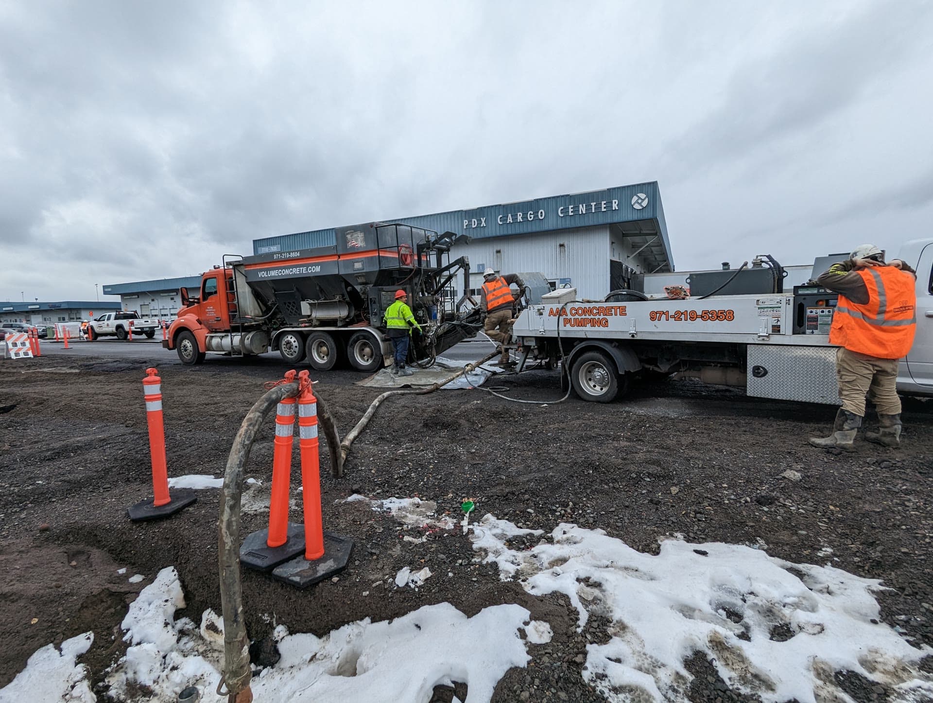 Volume Concrete volumetric mixer and pump truck placing cellular grout on a job site